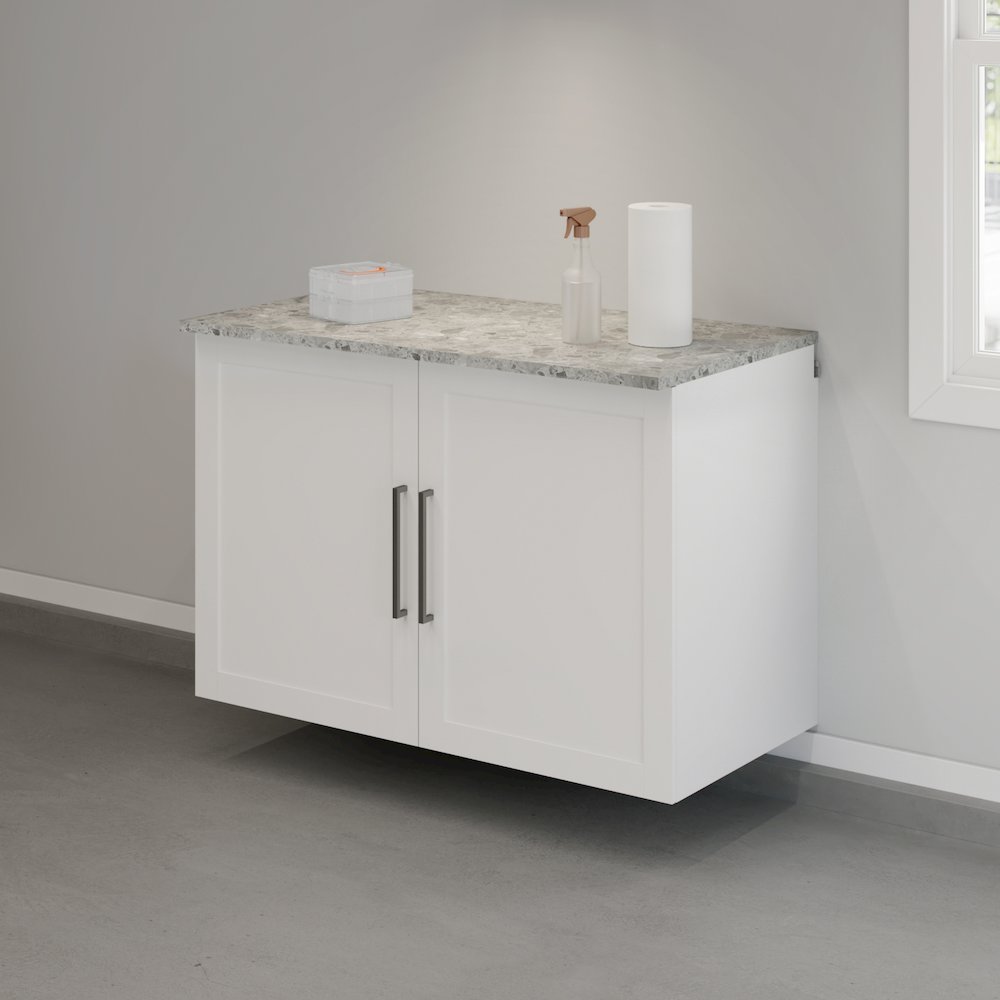 GarageCore Bundled Cabinet with Faux Stone Top & Doors, White Finish. Picture 1