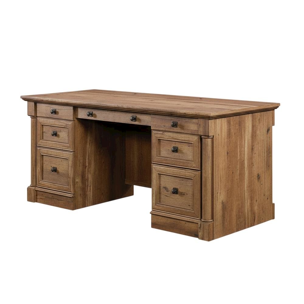 Vintage Oak Finish Modern Farmhouse Executive Desk With Rectangle Top. Picture 1