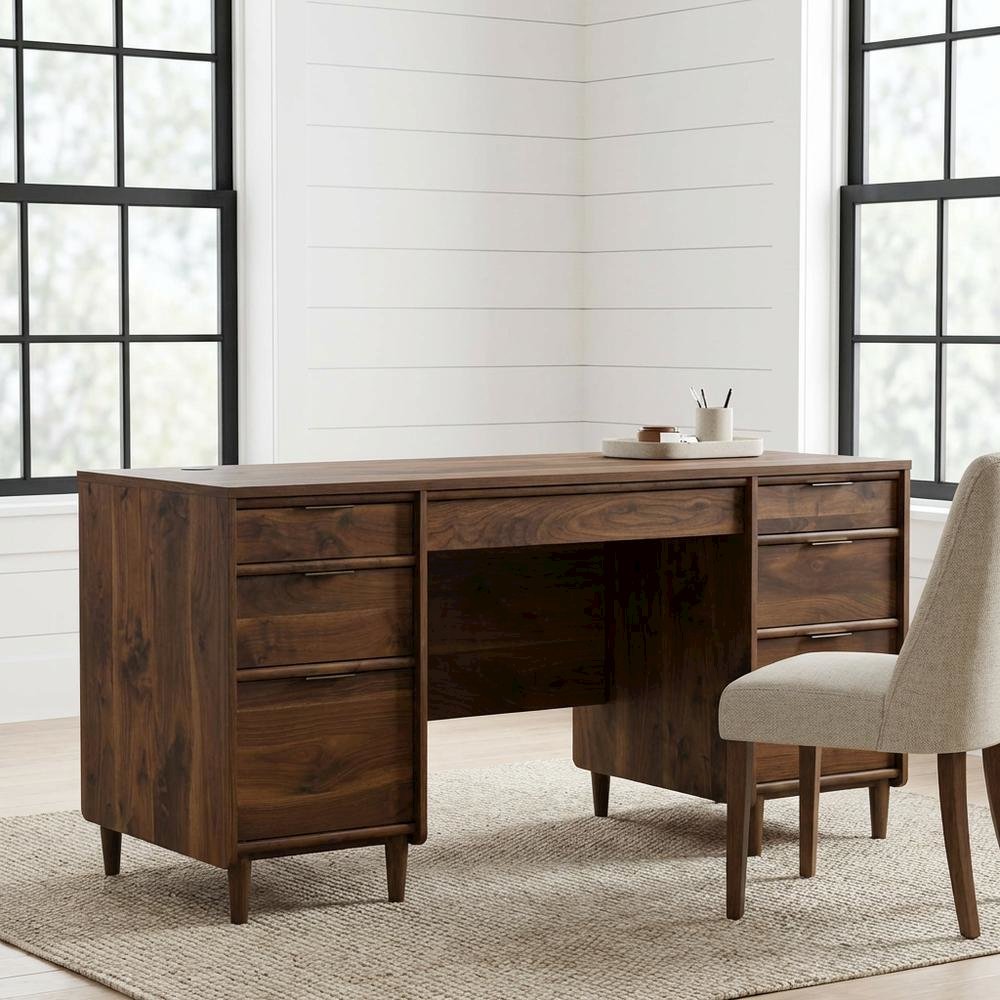 Elegant Walnut Finish Office Desk, Mid-Century Modern Style, Rectangular Design. Picture 2