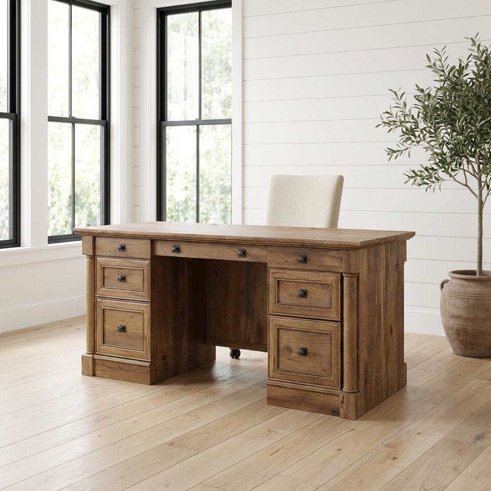 Vintage Oak Finish Modern Farmhouse Executive Desk With Rectangle Top. Picture 2