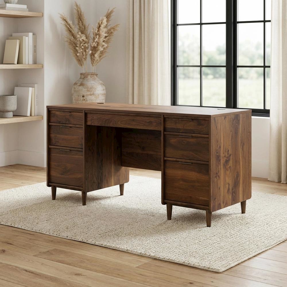 Elegant Walnut Finish Office Desk, Mid-Century Modern Style, Rectangular Design. Picture 3