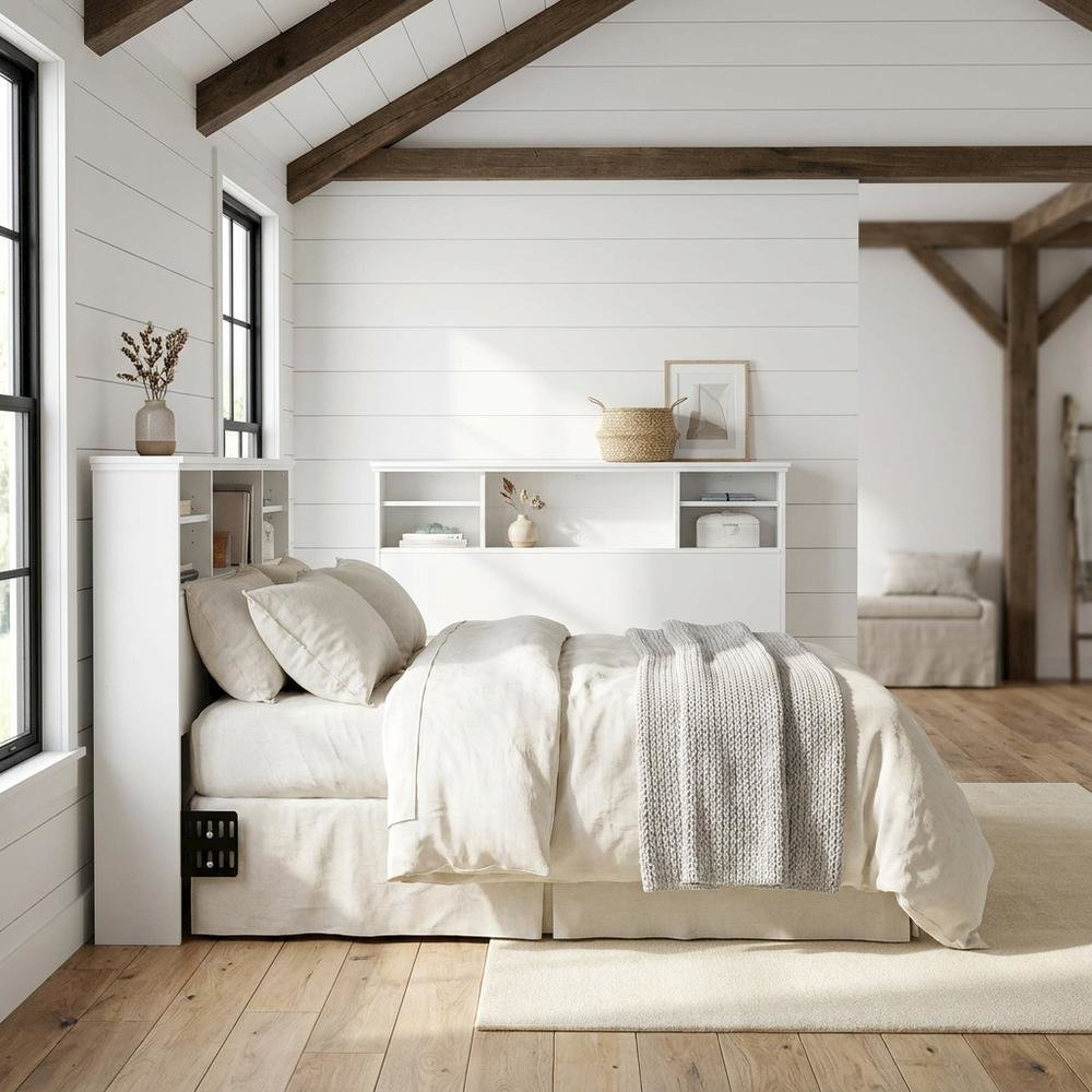 Engineered Wood Farmhouse Bookcase Headboard for Full and Queen Beds, Soft White. Picture 2