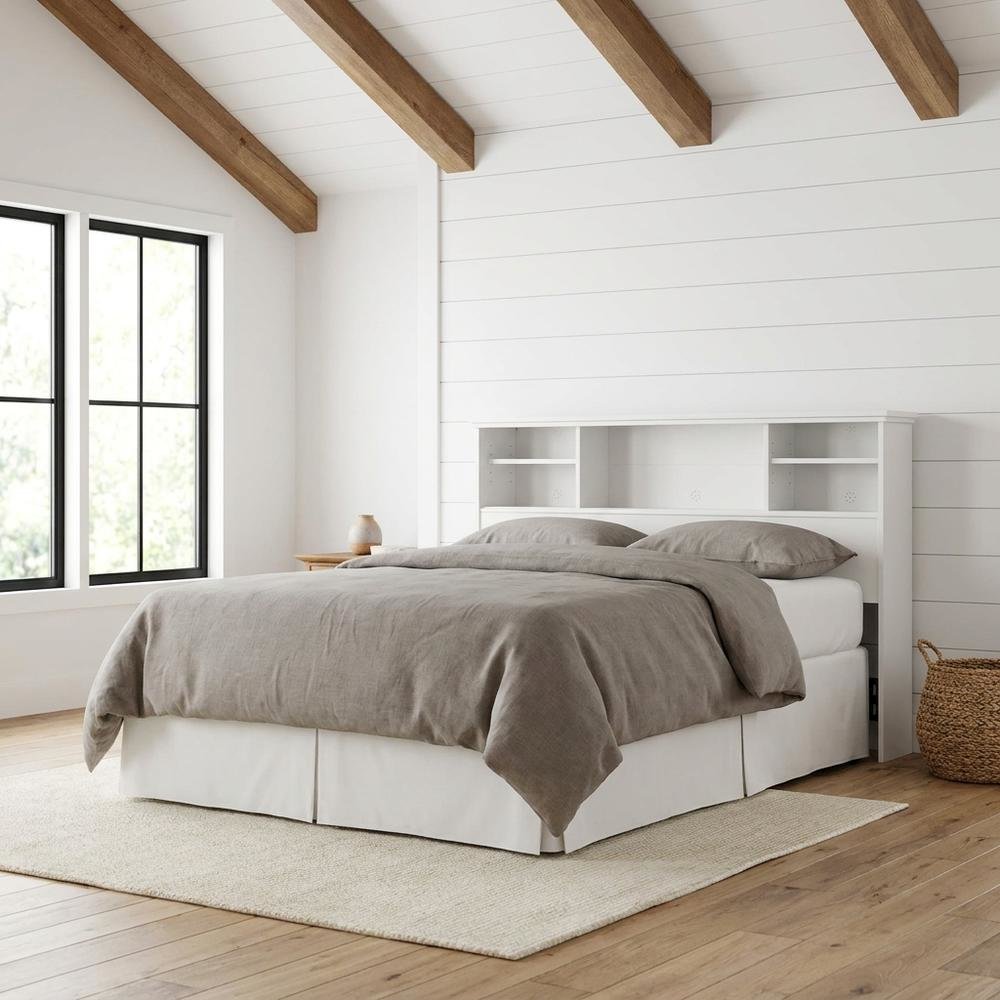 Engineered Wood Farmhouse Bookcase Headboard for Full and Queen Beds, Soft White. Picture 4