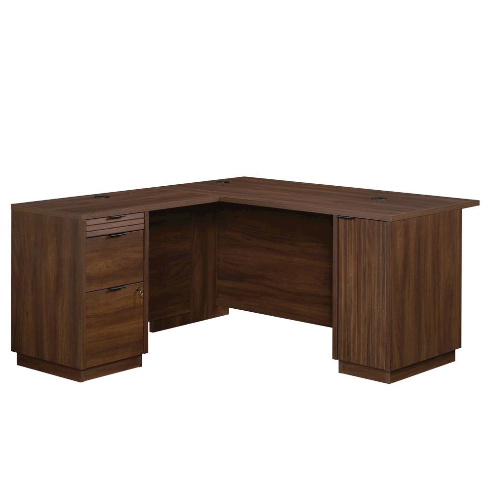 Spiced Mahogany L-Shaped Desk with Shelves, Ideal for Home Office Corner. Picture 1