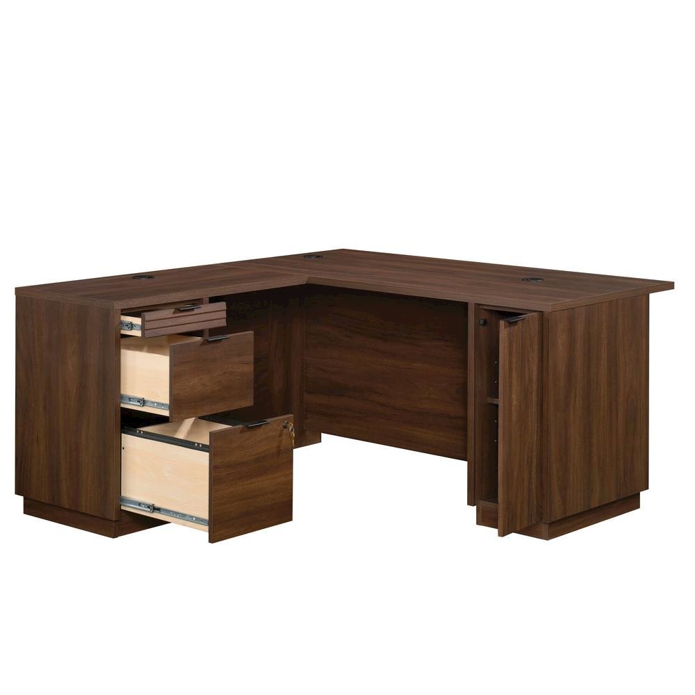 Spiced Mahogany L-Shaped Desk with Shelves, Ideal for Home Office Corner. Picture 2