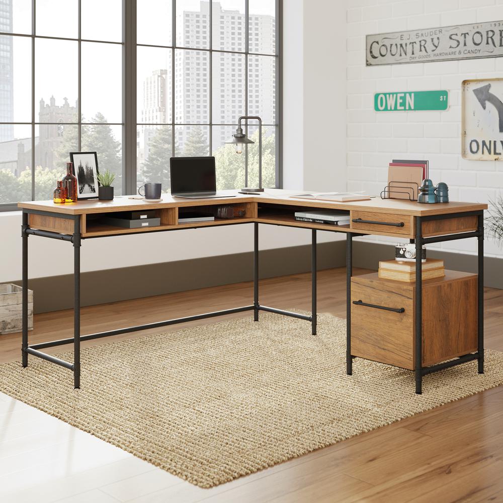 Iron City L Desk, Checked Oak finish. Picture 12