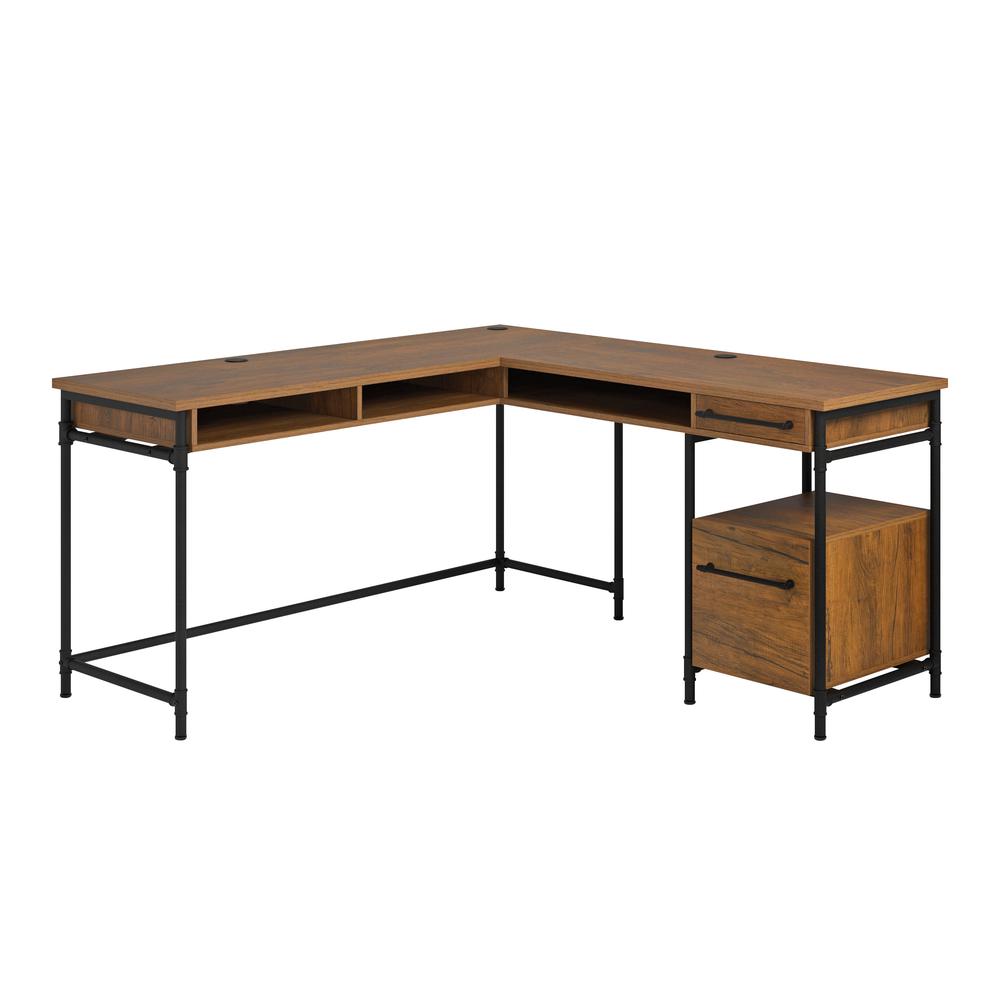 Iron City L Desk, Checked Oak finish. Picture 1
