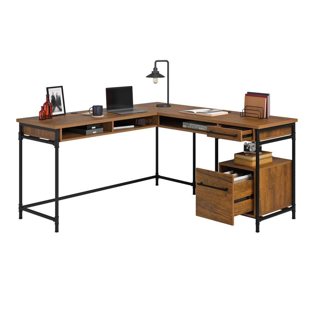 Iron City L Desk, Checked Oak finish. Picture 2