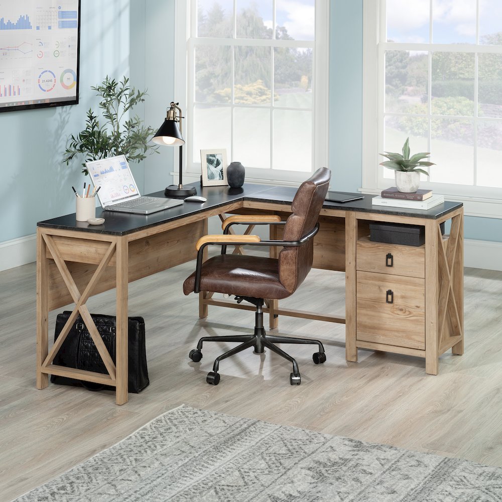 Newberry Lane L-Shaped Desk with Drawers in Khaki Pine. Picture 1