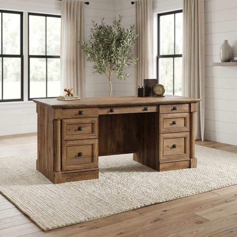 Vintage Oak Finish Modern Farmhouse Executive Desk With Rectangle Top. Picture 3