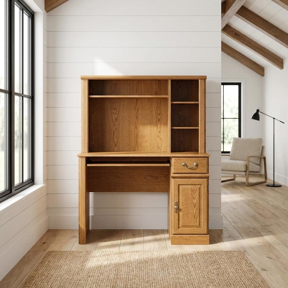 Traditional Brown Desk with Hutch, Rectangle Style, Sturdy Wood Finish. Picture 2