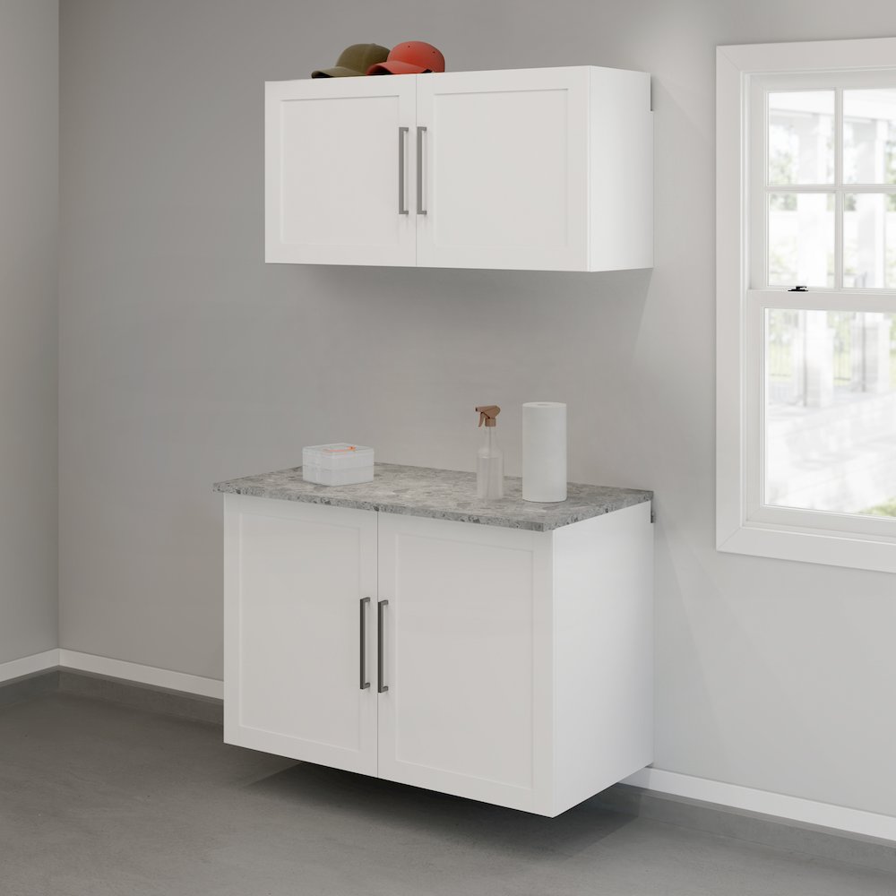 Garage Core Upper Cabinet, Base Cabinet, Doors, and Top, White Finish. Picture 1