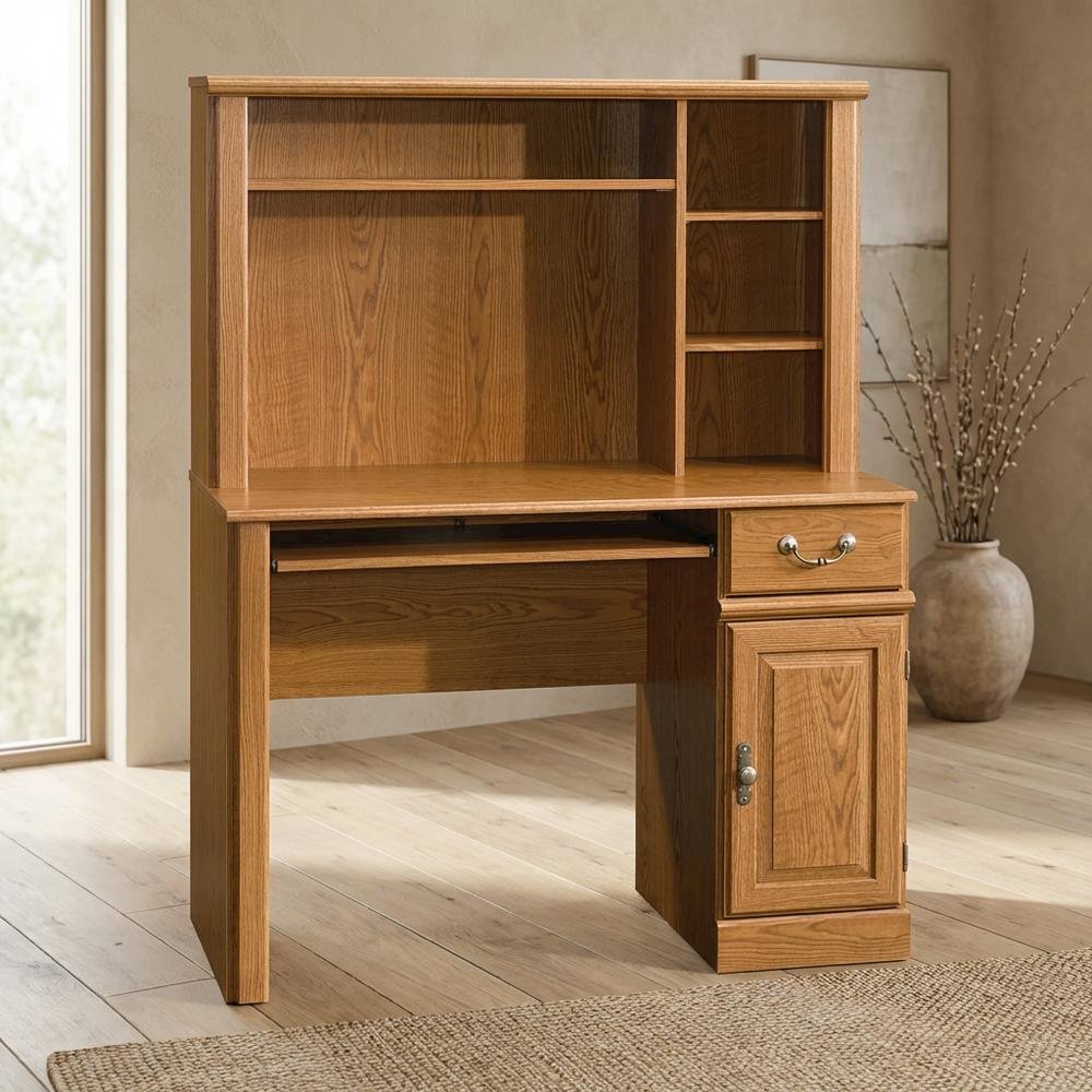 Traditional Brown Desk with Hutch, Rectangle Style, Sturdy Wood Finish. Picture 3