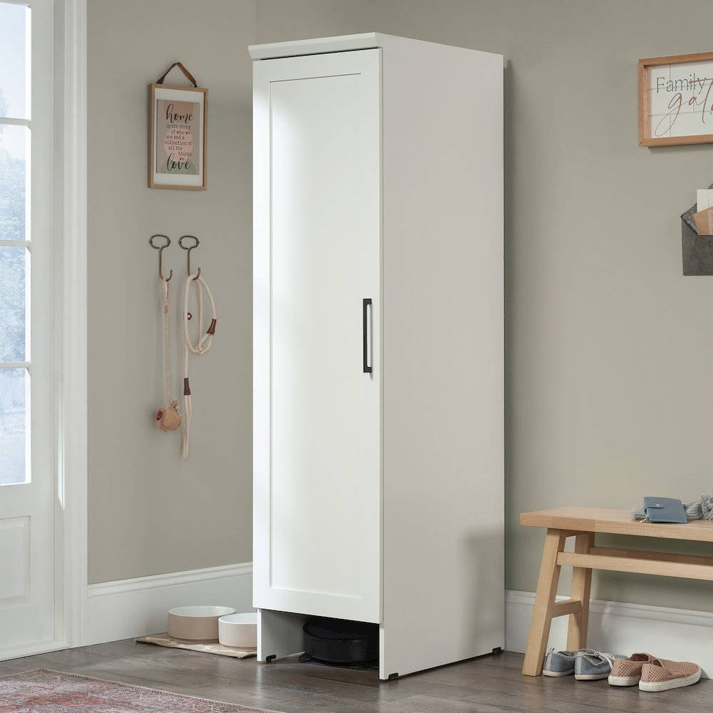 Kitchen Pantry Storage Cabinet, Single Door, Adjustable Shelves, in Soft White. Picture 8