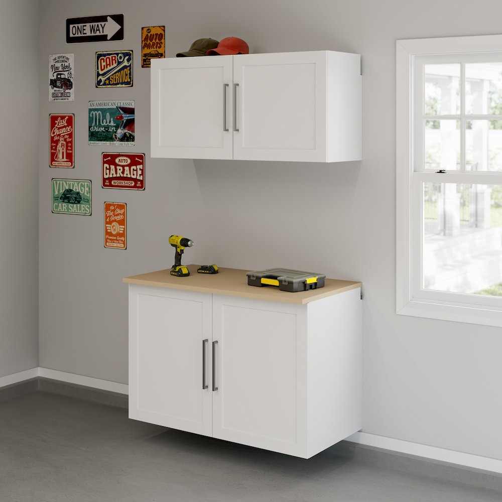 Garage Core Upper Cabinet, Base Cabinet, Doors, and Top, White finish. Picture 11