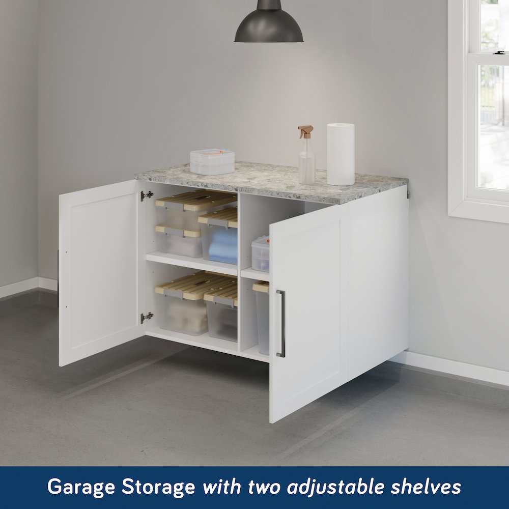 GarageCore Bundled Cabinet with Faux Stone Top & Doors, White Finish. Picture 2
