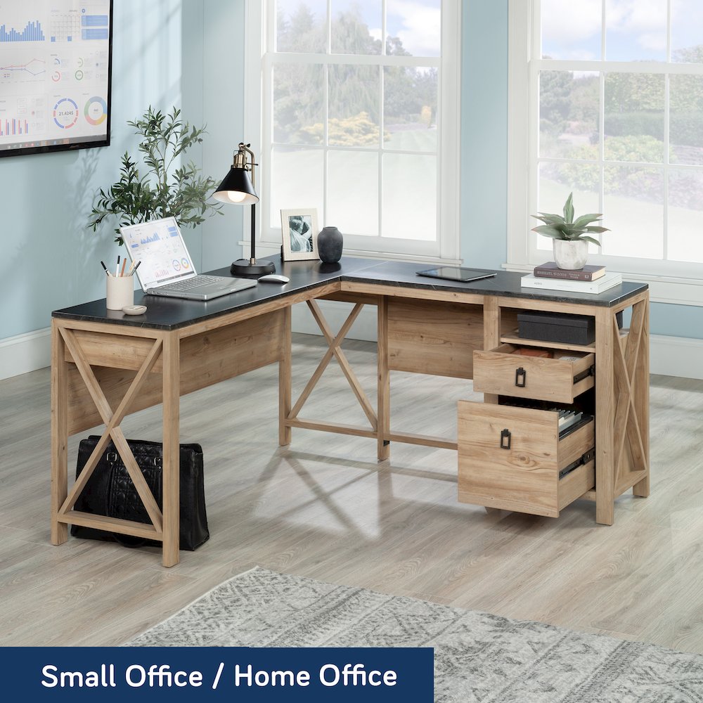 Newberry Lane L-Shaped Desk with Drawers in Khaki Pine. Picture 2