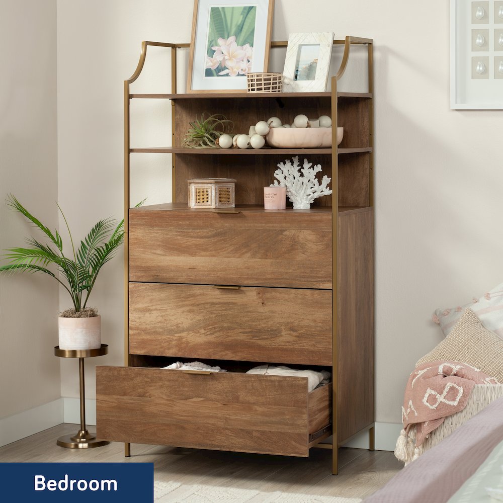 Bedroom 3- Drawer Dresser with Shelves, Sindoori Mango Finish. Picture 3