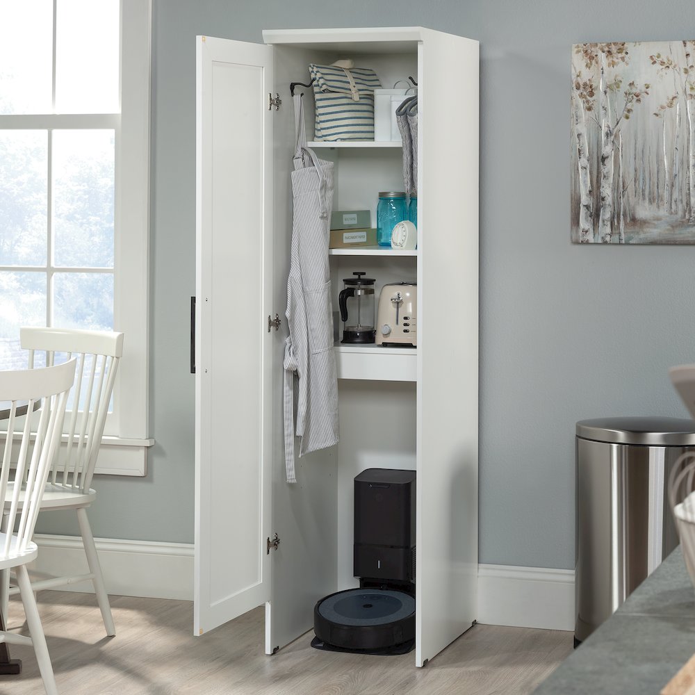 Kitchen Pantry Storage Cabinet, Single Door, Adjustable Shelves, in Soft White. Picture 7