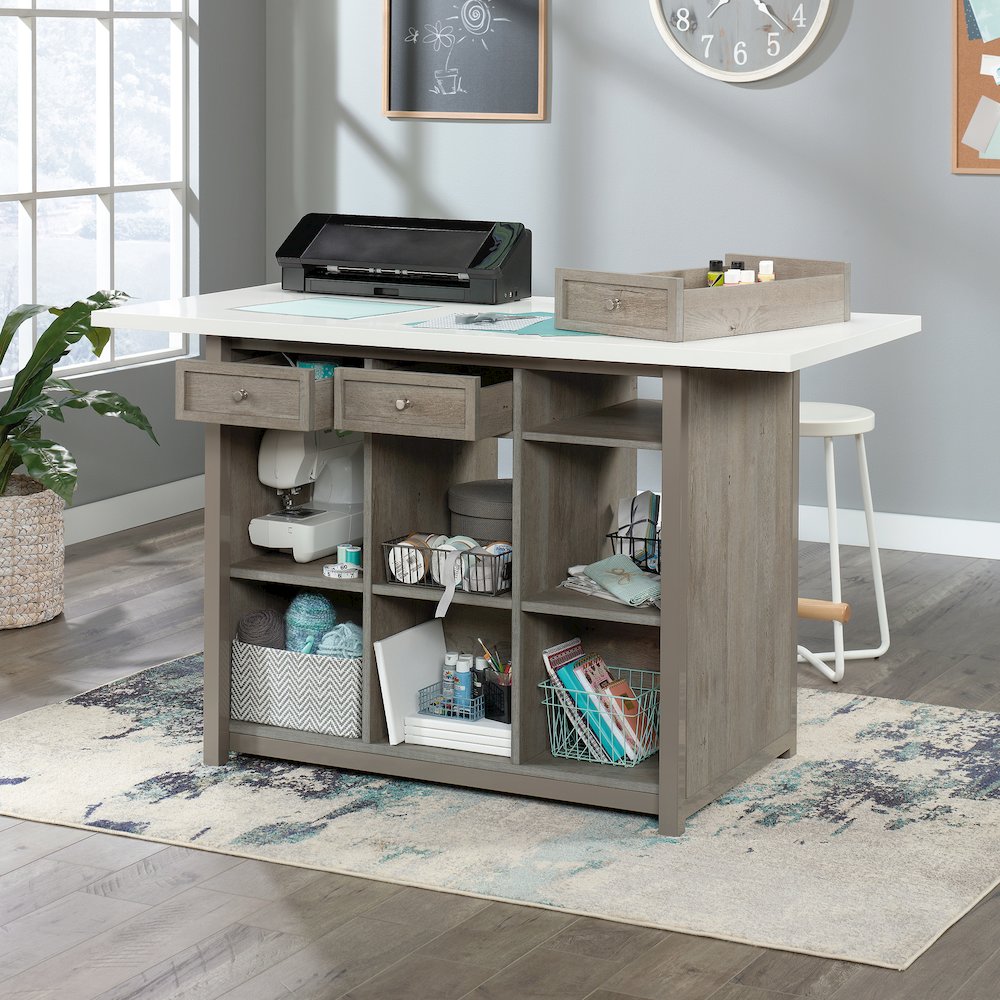 Durable Craft Work Table with Storage/Pantry cabinets, Mystic Oak Finish. Picture 2