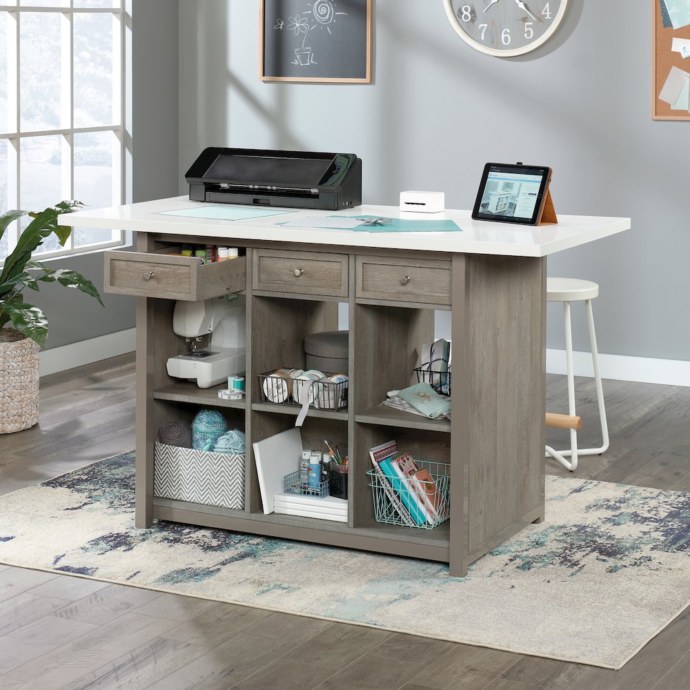 Durable Craft Work Table with Storage/Pantry cabinets, Mystic Oak Finish. Picture 8