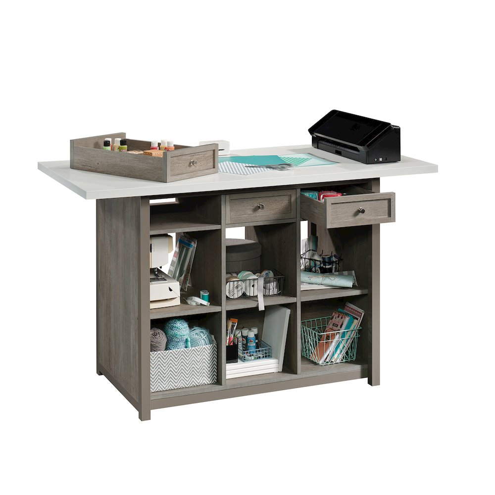 Durable Craft Work Table with Storage/Pantry cabinets, Mystic Oak Finish. Picture 6