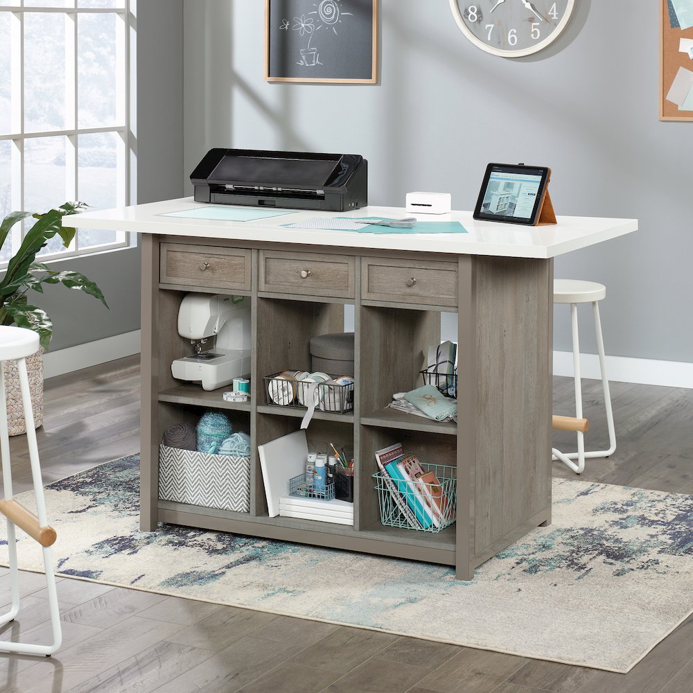 Durable Craft Work Table with Storage/Pantry cabinets, Mystic Oak Finish. Picture 7