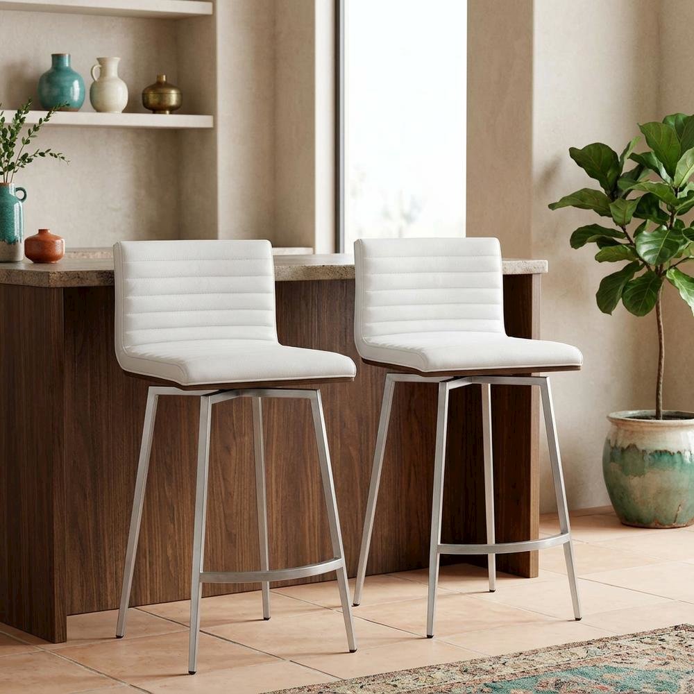 Stainless Steel and Walnut Counter Stool with White Faux Leather Cover, Set of 2. Picture 2