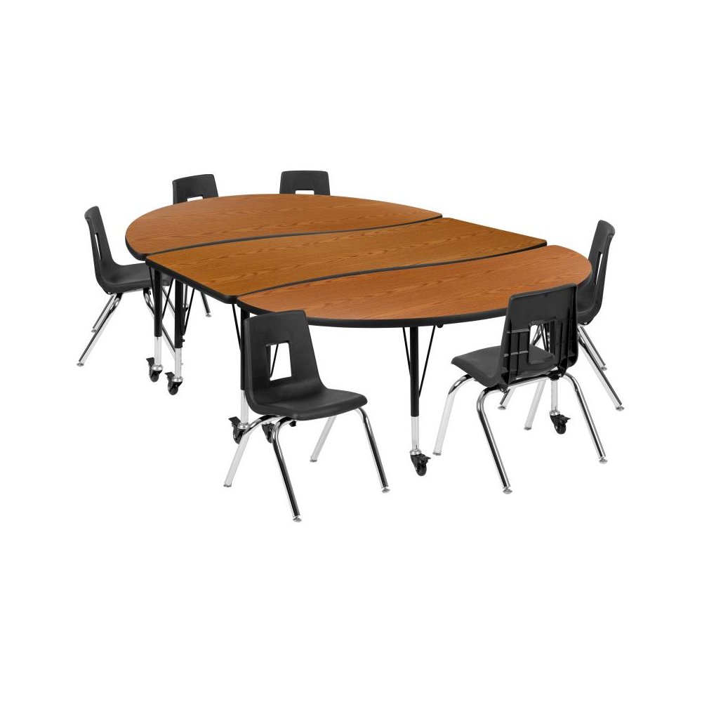 Mobile 86" Oval Wave Flexible Laminate Activity Table Set with 14" Student Stack Chairs, Oak/Black. Picture 1