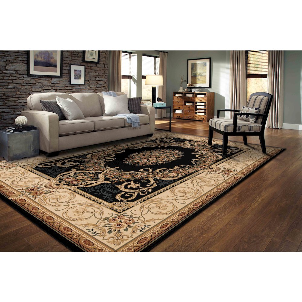 Aubusson 01 Traditional Medallion Area Rug – Black/Beige. Picture 2