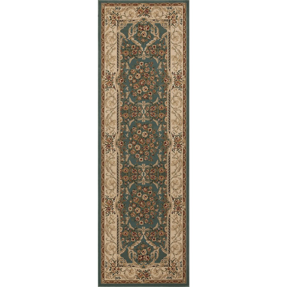 Aubusson 01 Traditional Medallion Runner Rug – Teal/ Beige. Picture 1