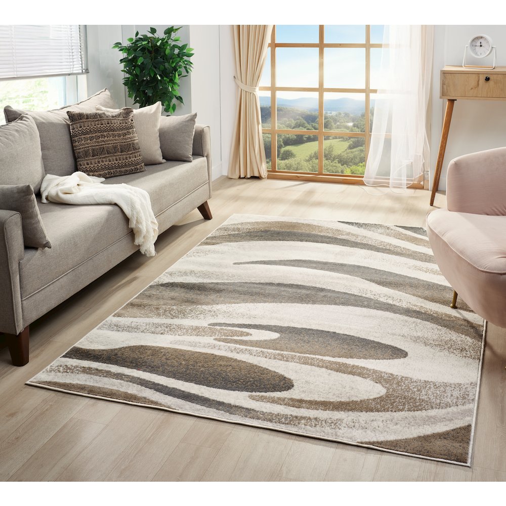 Atlas 02 Abstract Wave Beige & Gray Area Rug. Picture 2