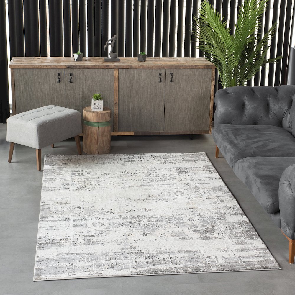 Bowman 08 Vintage Transitional Area Rug - Gray, Ivory & Beige. Picture 2