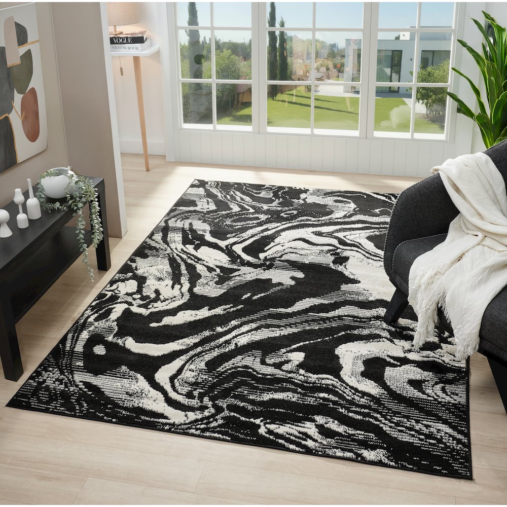 Atlas 11 Fluid Marble Black & Ivory Area Rug. Picture 2