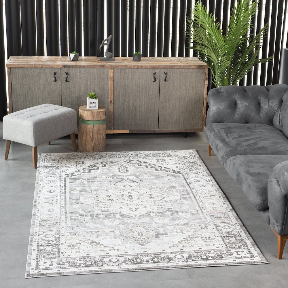 Bowman 07 Vintage Traditional Medallion Area Rug -  Gray, Ivory & Beige. Picture 2