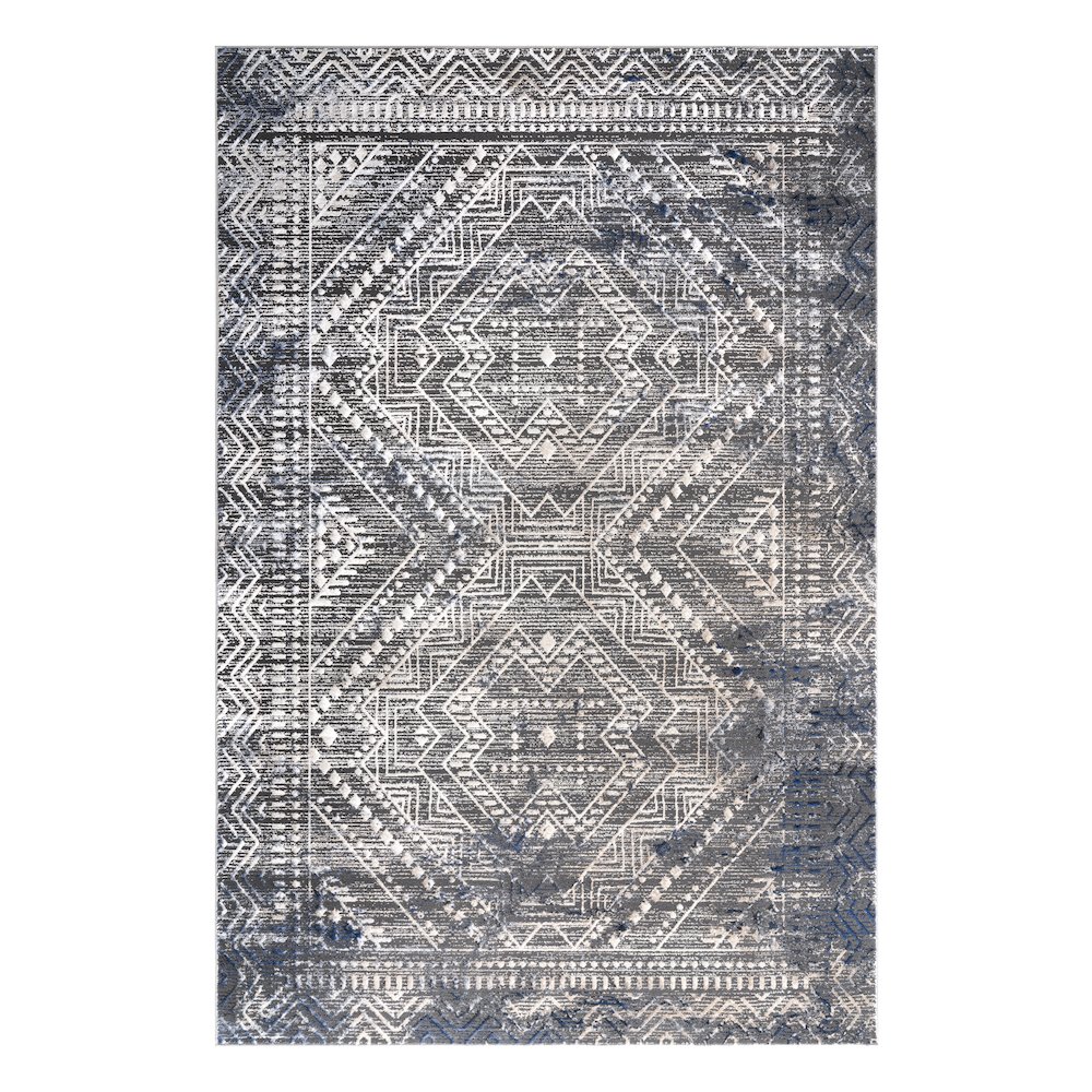 Bowman 09 Geometric Tribal  Area Rug - Gray, Blue & Ivory. Picture 1