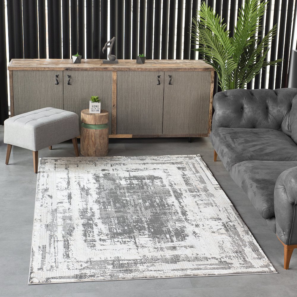 Bowman 05 Framed Abstract Area Rug - Gray, Ivory & Beige. Picture 2