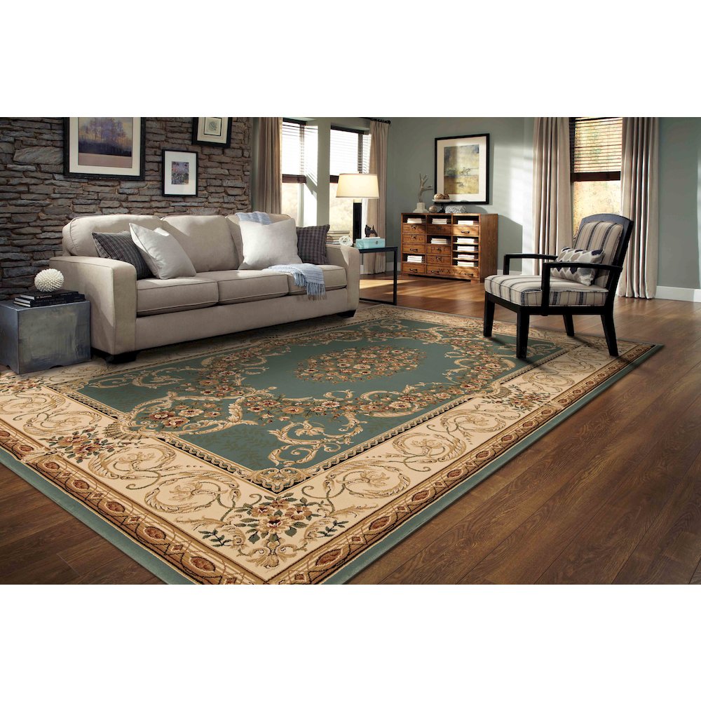 Aubusson 01 Traditional Medallion Area Rug – Teal/ Beige. Picture 2