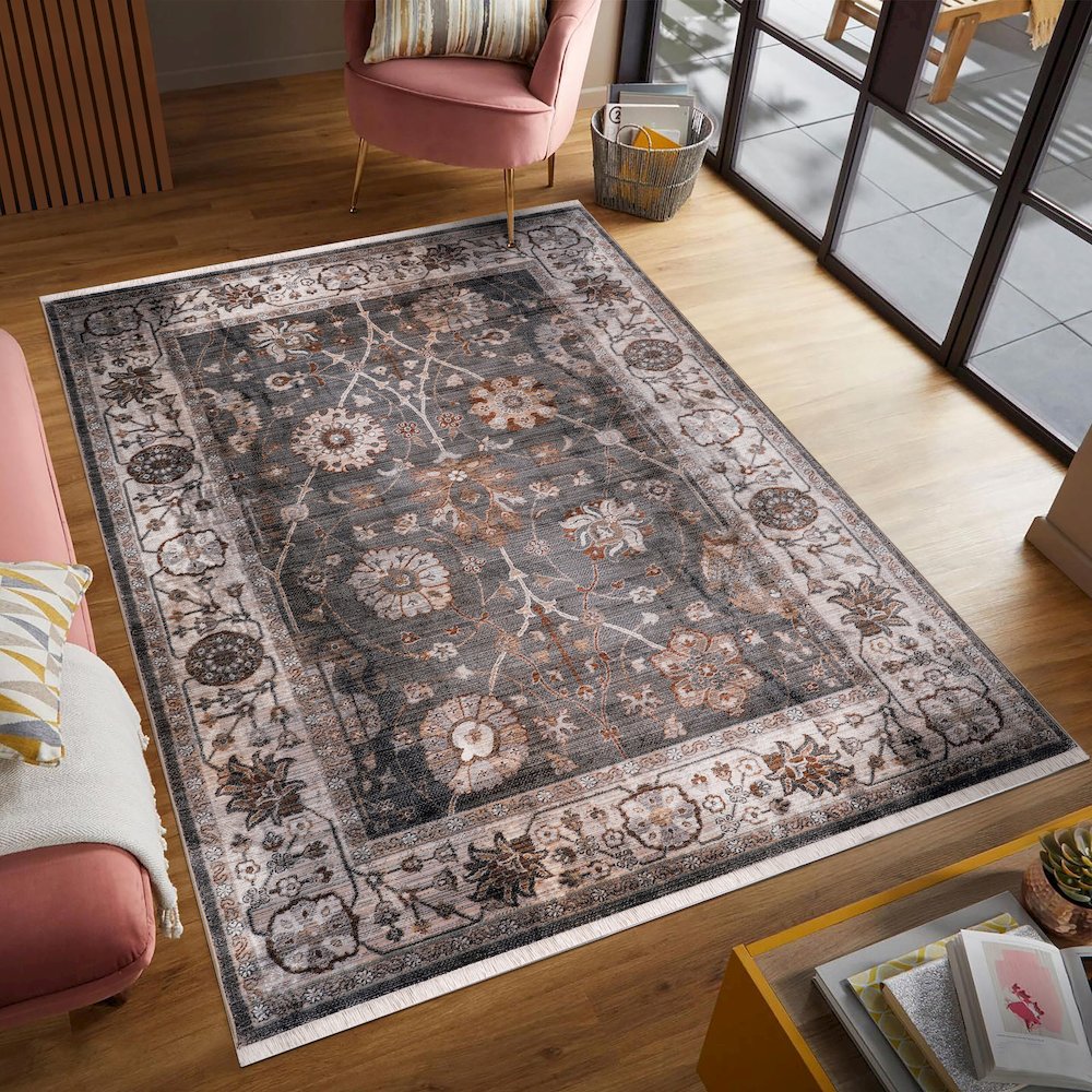 Ana 12 Distressed Floral Area Rug – Brown / Gray. Picture 2