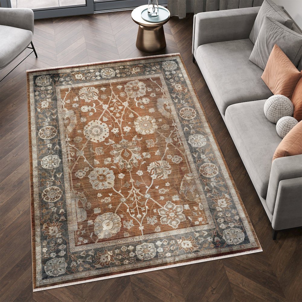Ana 13 Traditional Floral Area Rug – Brown / Rust. Picture 2