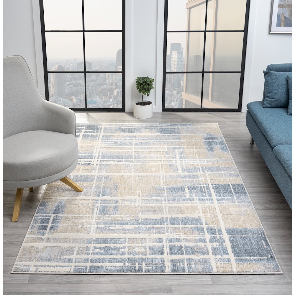 Babylon 01 Abstract Grid Area Rug - Blue & Beige. Picture 2
