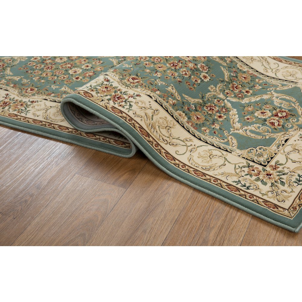 Aubusson 01 Traditional Medallion Runner Rug – Teal/ Beige. Picture 3