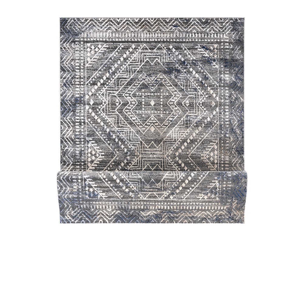 Bowman 09 Geometric Tribal  Area Rug - Gray, Blue & Ivory. Picture 6