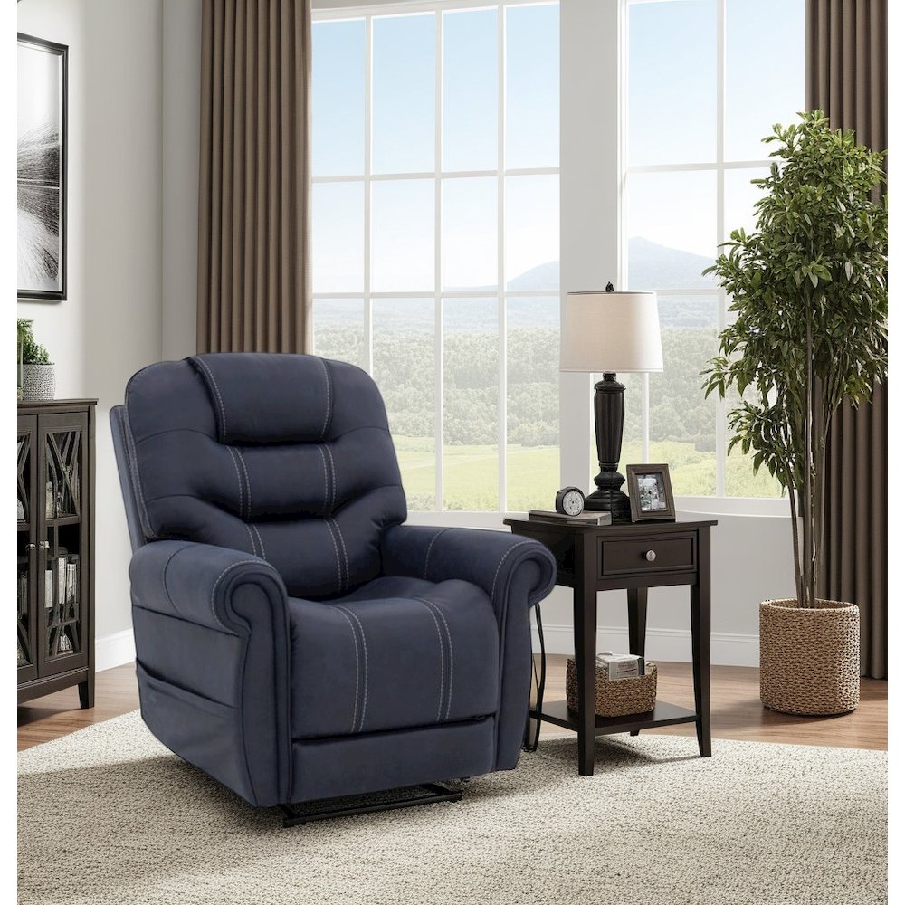 Blue Power Recliner with Adjustable Headrest, Lumbar Support, and Heat. Picture 4