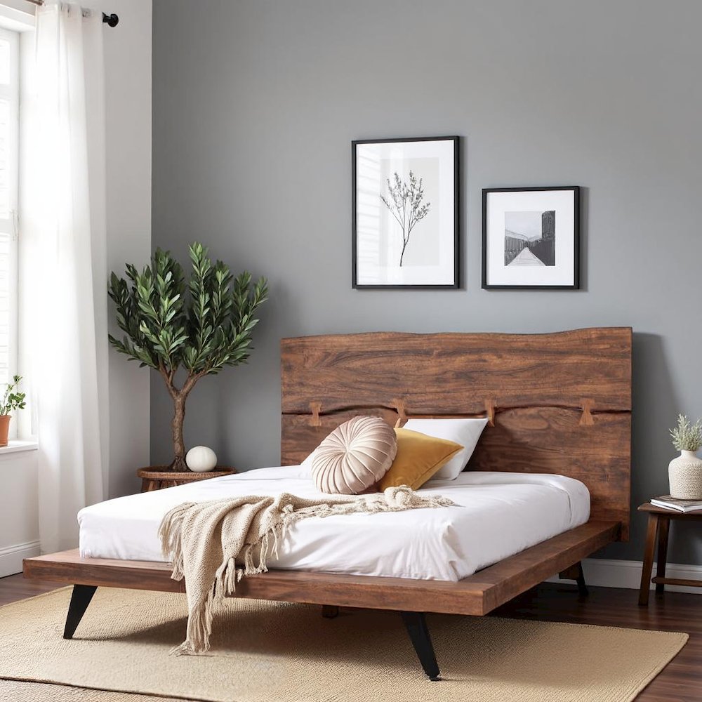 Solid Acacia King Bed Frame and Headboard with Steel Legs, Wooden Bed Frame. Picture 2