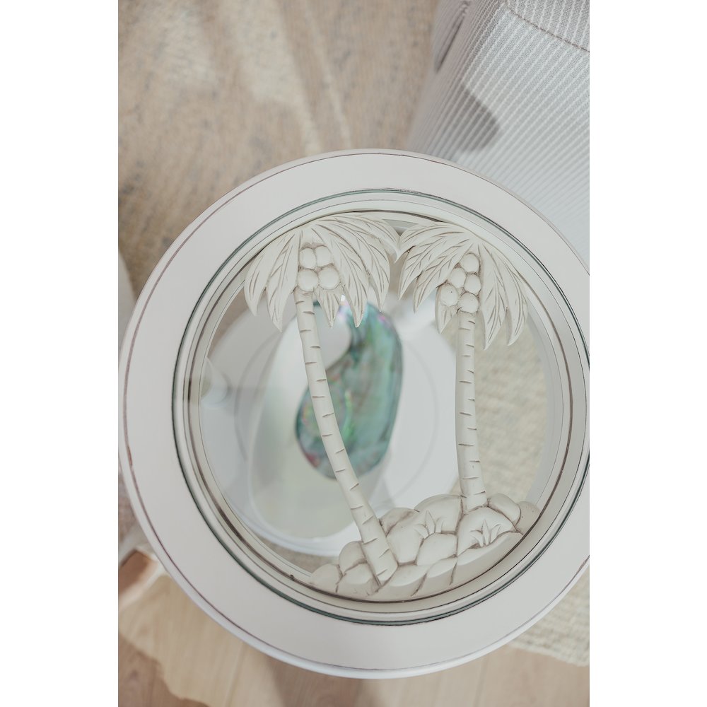 Monaco - Round End Table - Palms Insert - Blanc Finish. Picture 15
