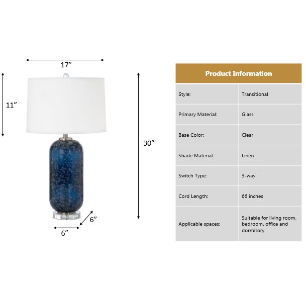 Tootsie 30" Blue Glass Table Lamp w/ Crystal Base, (Set of 2). Picture 8