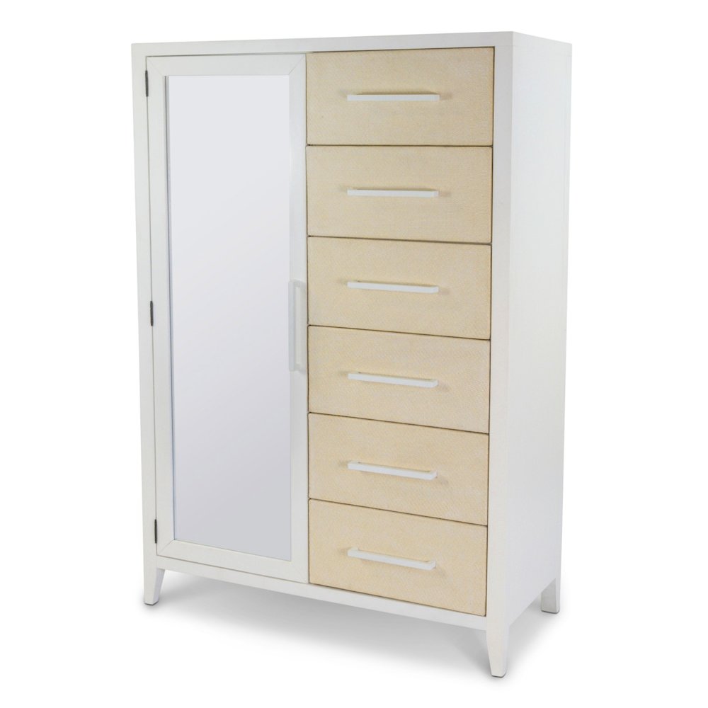 Miramar - Woven Mirrored Door Chest - Sand and Stark White Finish. Picture 1