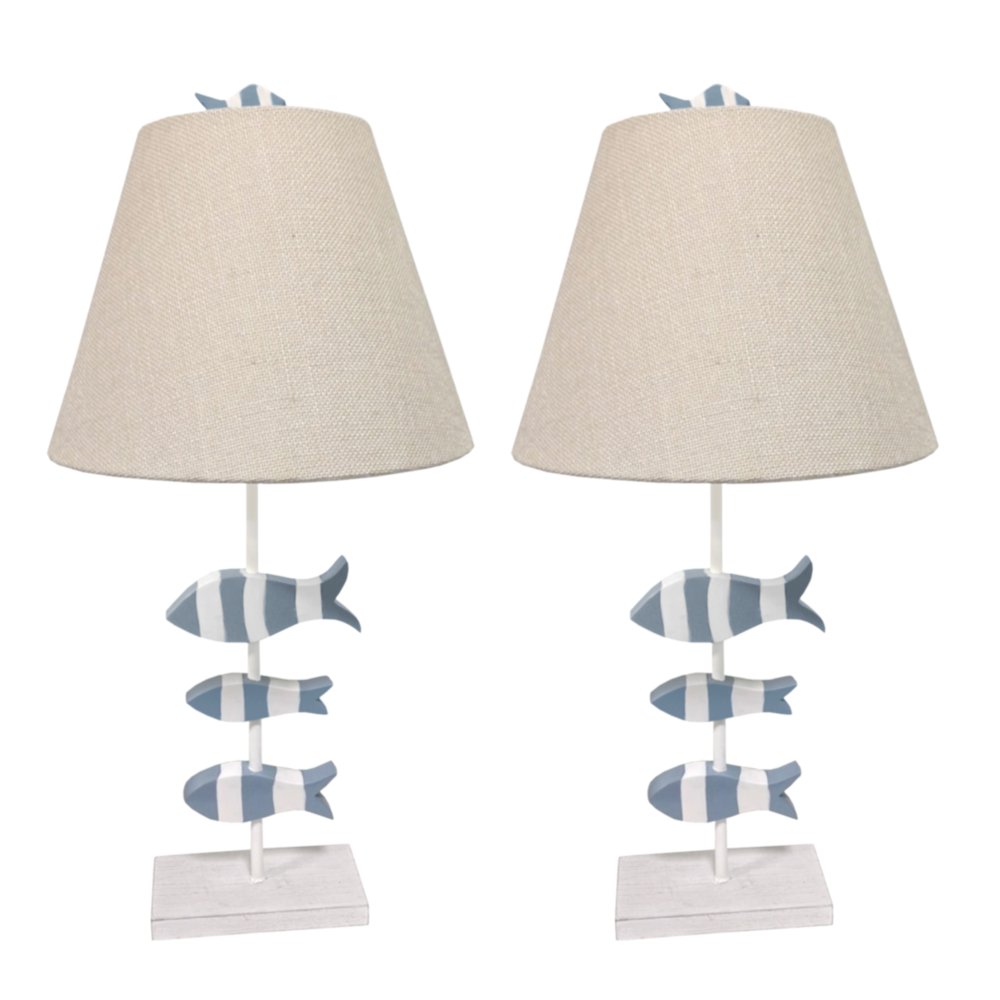 School of Fish 28” Resin 3-Fish Table Lamp, Blue and White, (Set of 2). Picture 1