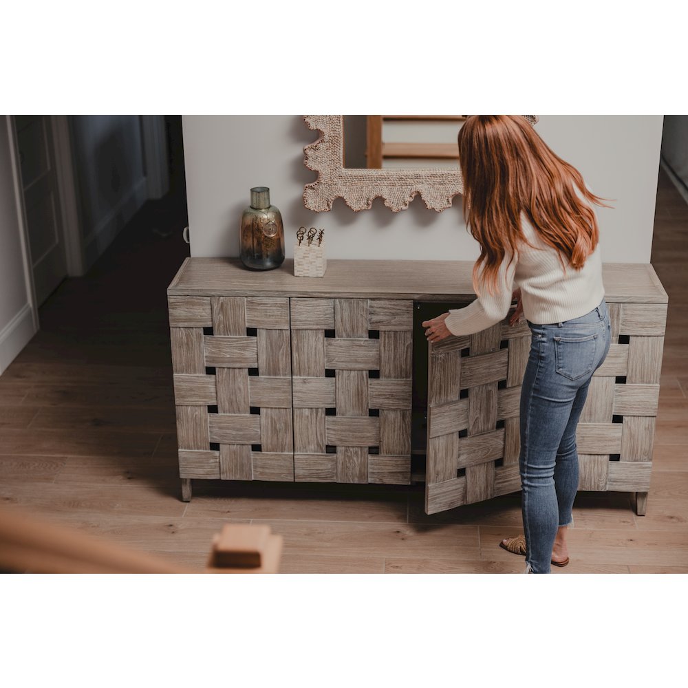 Wooden Weave - 4-Door Credenza with Soft Close Doors - Grey Finish. Picture 3